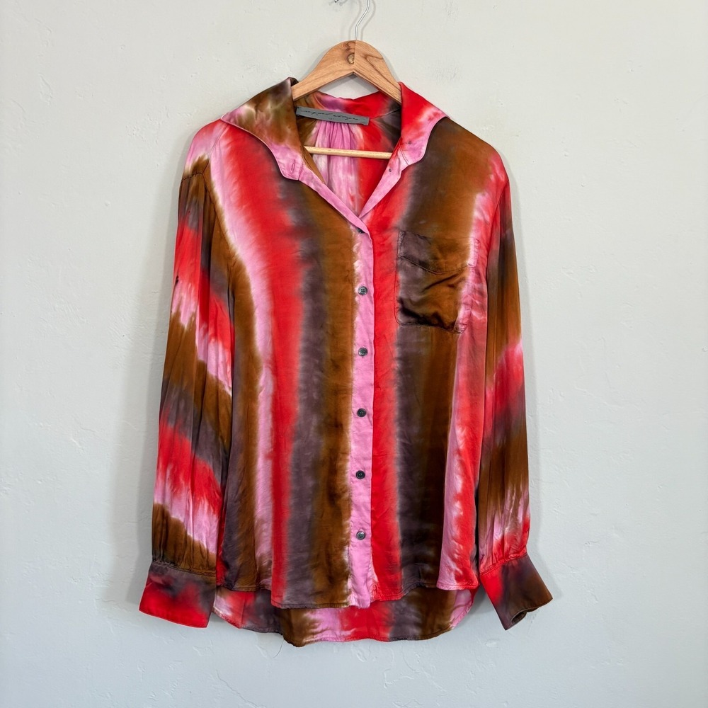 Raquel Allegra Tie Dye Top Women Size 0 Small Red Brown Button Down Art to Wear